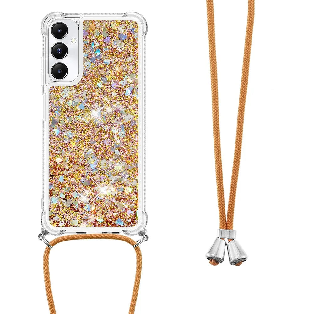 For Samsung Galaxy A05s 4G TPU Case Quicksand Design Phone Cover with Lanyard - Gold / Hearts - 2