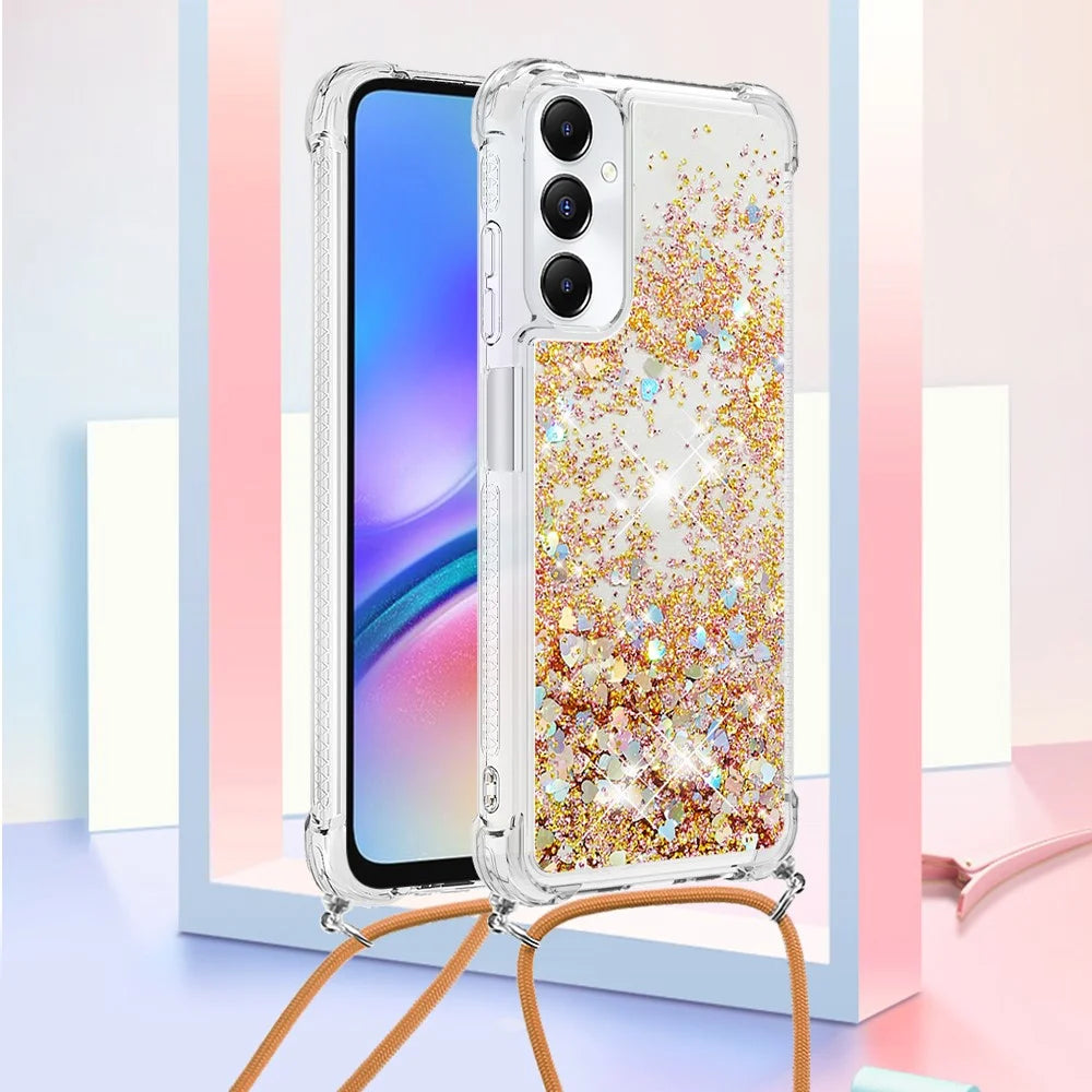 For Samsung Galaxy A05s 4G TPU Case Quicksand Design Phone Cover with Lanyard - Gold / Hearts - 3