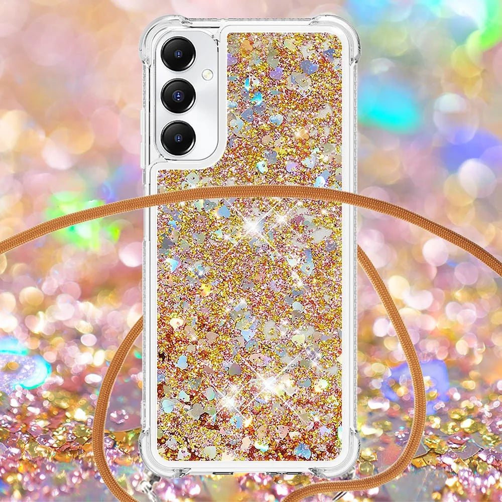 For Samsung Galaxy A05s 4G TPU Case Quicksand Design Phone Cover with Lanyard - Gold / Hearts - 4