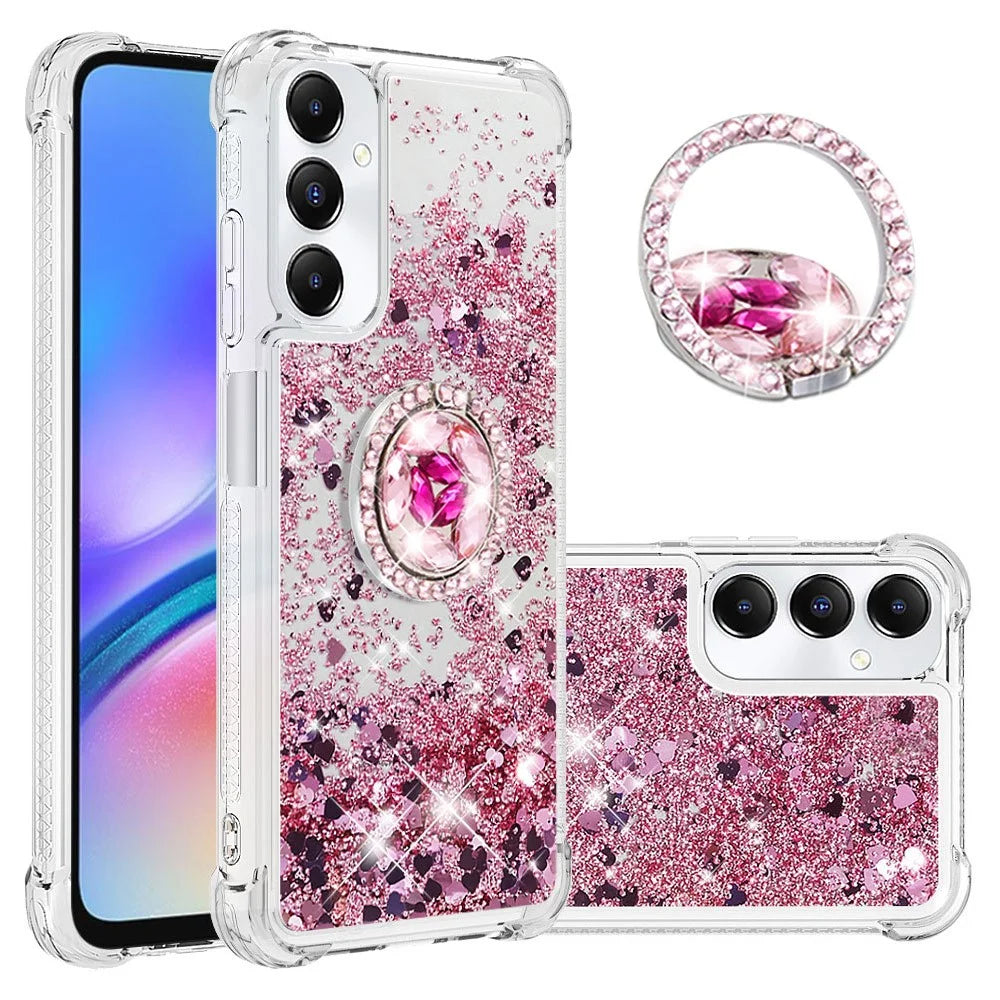 For Samsung Galaxy A05s 4G TPU Case with Kickstand Quicksand Shockproof Cover - Rose Gold / Hearts - 1