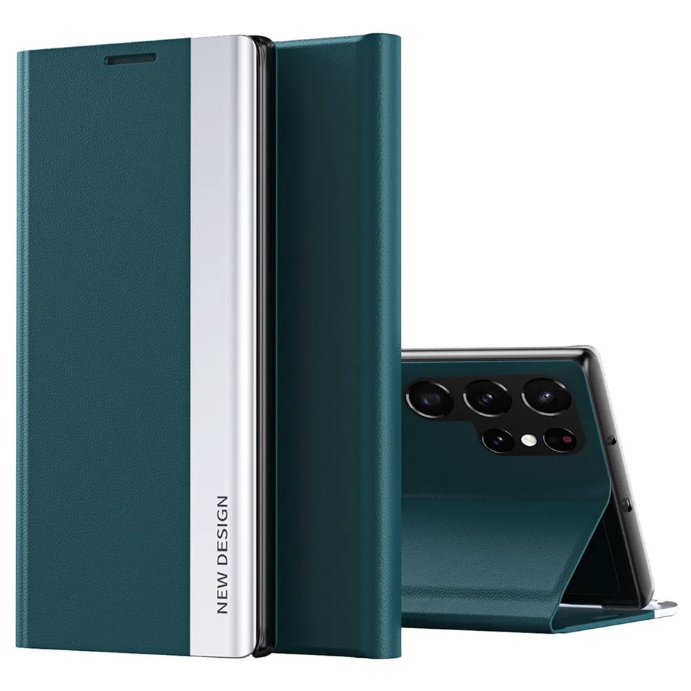 For Samsung Galaxy S24 Ultra Case Anti-scratch Leather Electroplating Stand Phone Cover - Green - 1