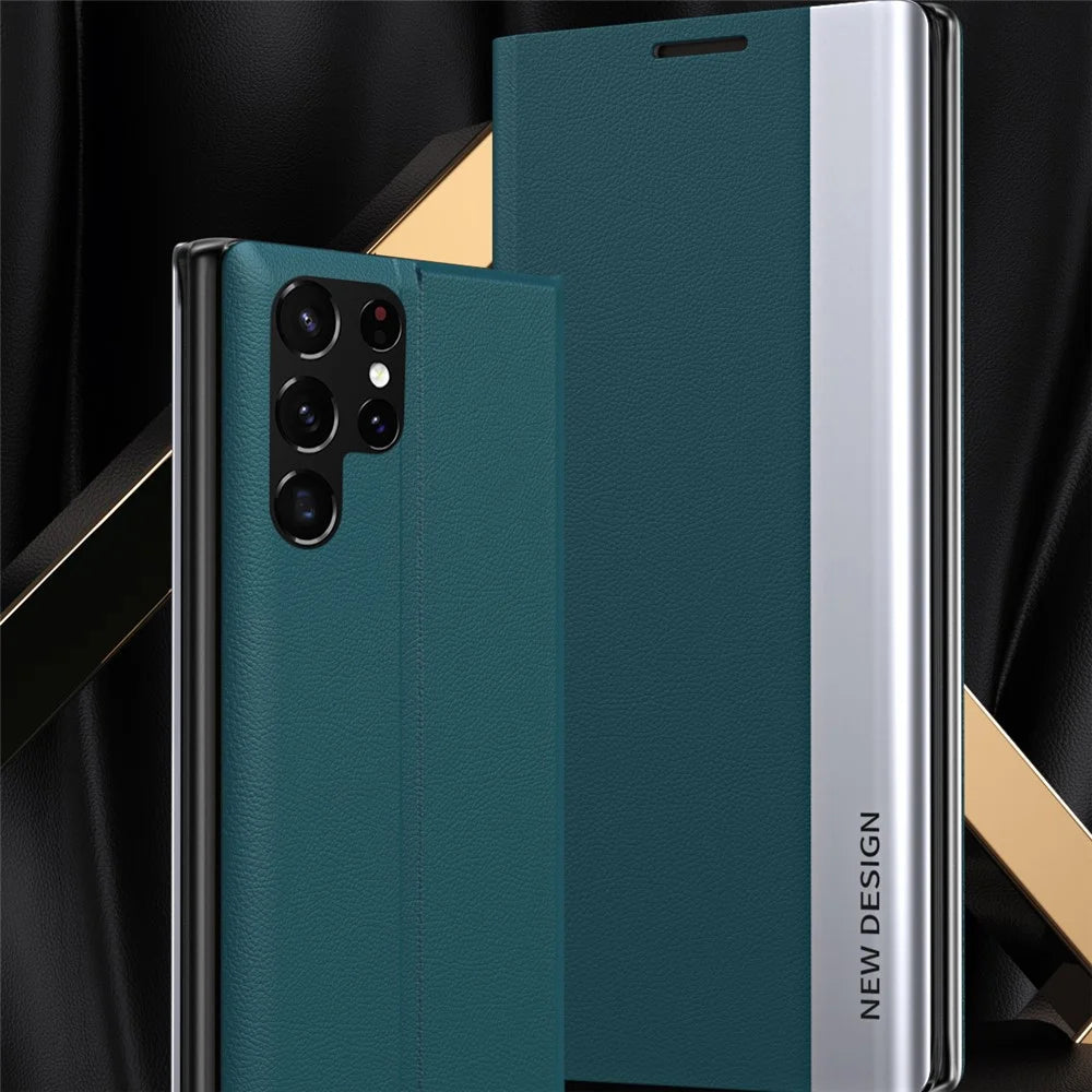 For Samsung Galaxy S24 Ultra Case Anti-scratch Leather Electroplating Stand Phone Cover - Green - 2