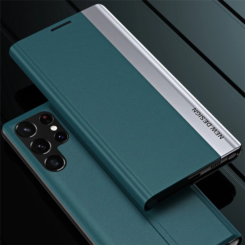 For Samsung Galaxy S24 Ultra Case Anti-scratch Leather Electroplating Stand Phone Cover - Green - 5
