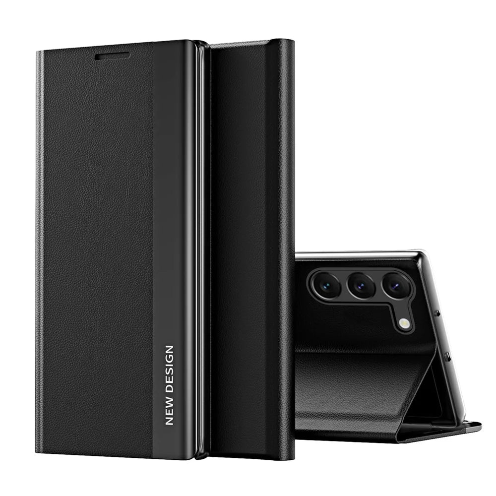 For Samsung Galaxy S24 Case Anti-fall Electroplating Leather Stand Mobile Phone Cover - Black - 1