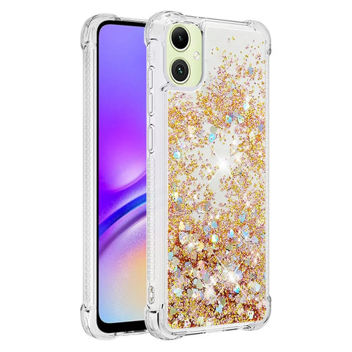 For Samsung Galaxy A05 4G TPU Case Glitter Quicksand Shockproof Phone Back Cover - Gold / Hearts - 1