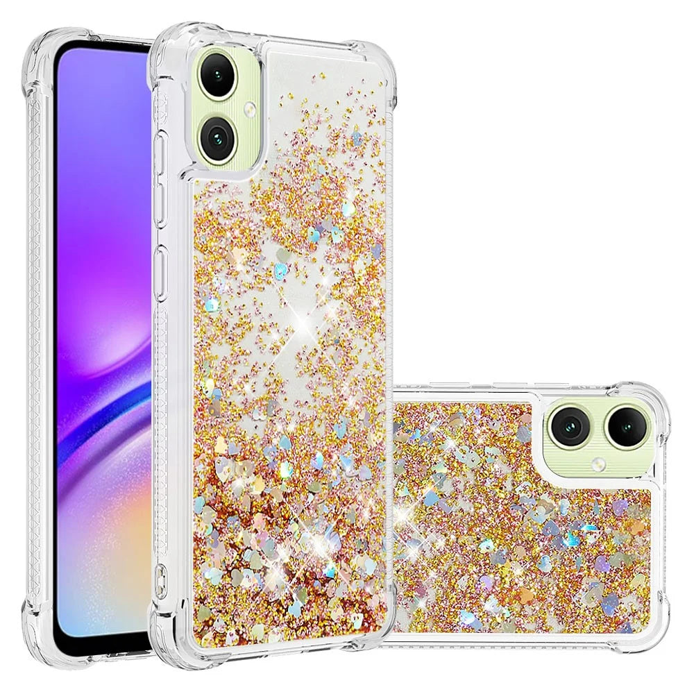 For Samsung Galaxy A05 4G TPU Case Glitter Quicksand Shockproof Phone Back Cover - Gold / Hearts - 2