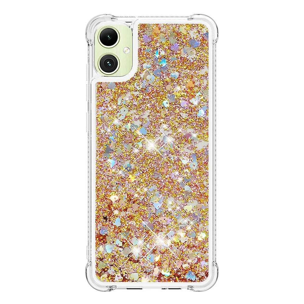 For Samsung Galaxy A05 4G TPU Case Glitter Quicksand Shockproof Phone Back Cover - Gold / Hearts - 3