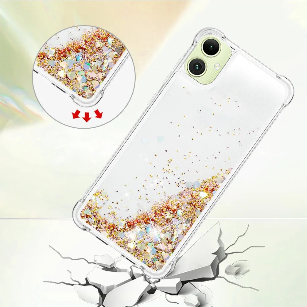 For Samsung Galaxy A05 4G TPU Case Glitter Quicksand Shockproof Phone Back Cover - Gold / Hearts - 4