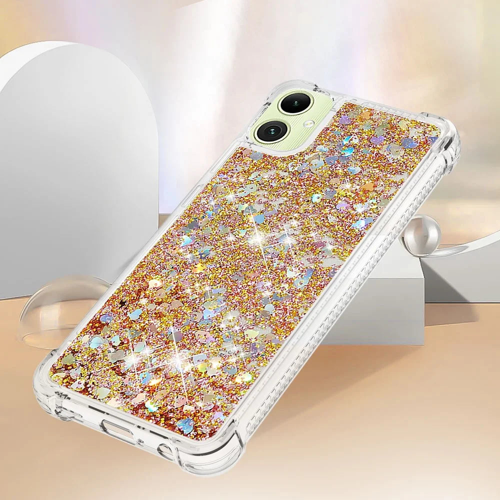For Samsung Galaxy A05 4G TPU Case Glitter Quicksand Shockproof Phone Back Cover - Gold / Hearts - 5