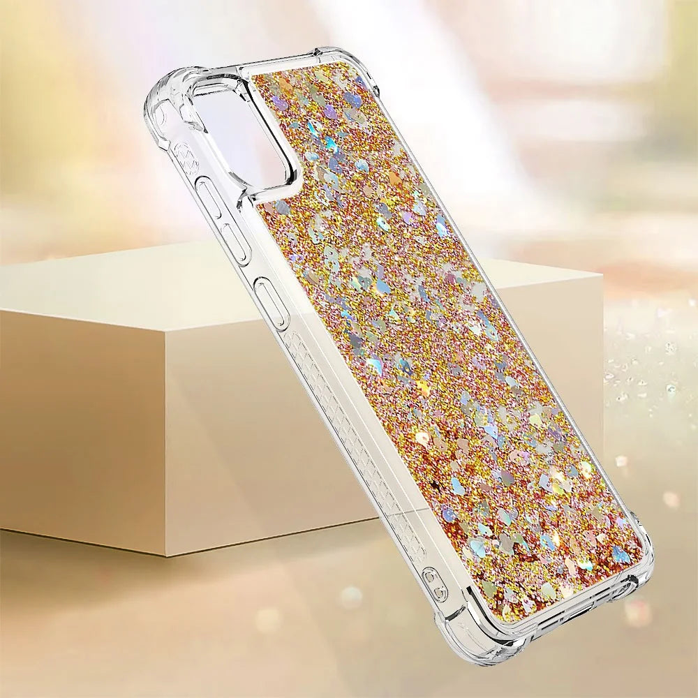 For Samsung Galaxy A05 4G TPU Case Glitter Quicksand Shockproof Phone Back Cover - Gold / Hearts - 6