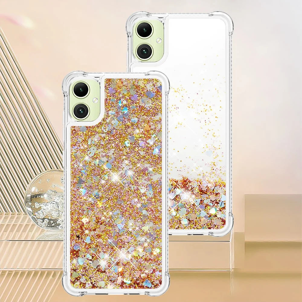 For Samsung Galaxy A05 4G TPU Case Glitter Quicksand Shockproof Phone Back Cover - Gold / Hearts - 7