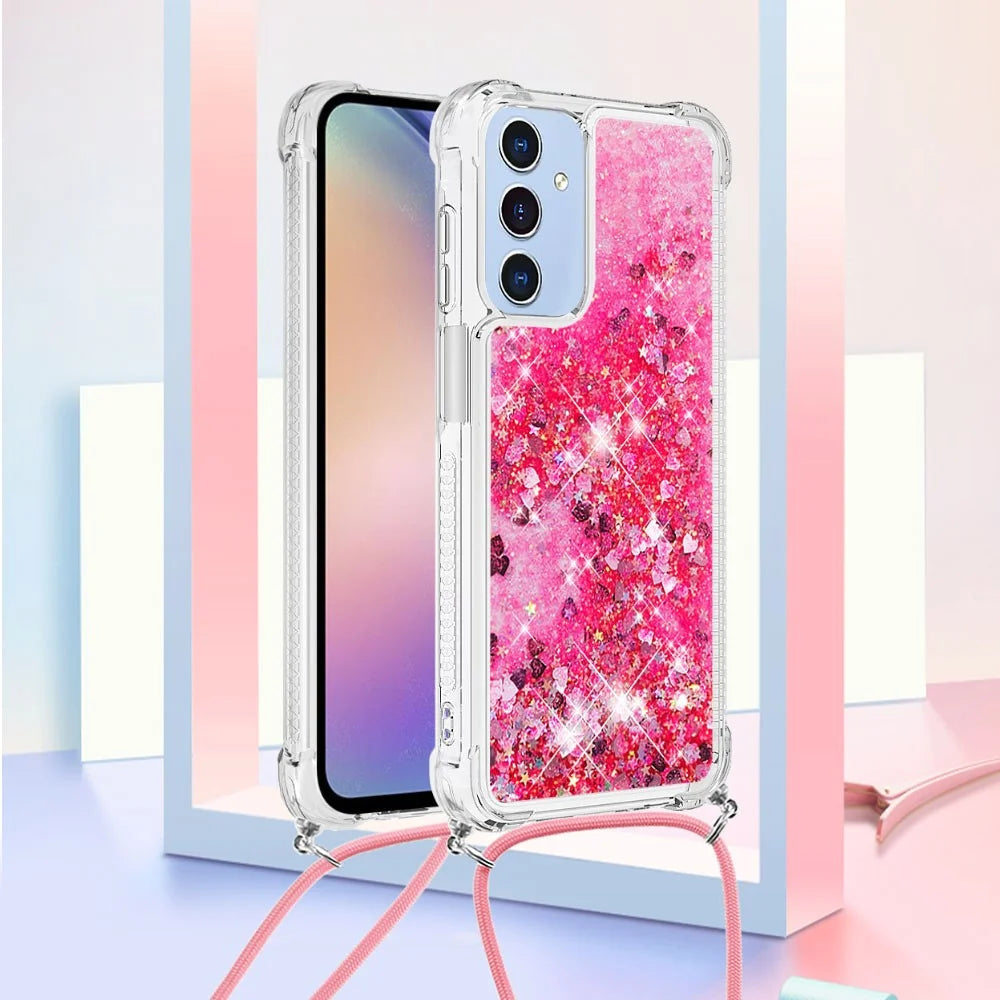 For Samsung Galaxy A15 5G TPU Case Quicksand Design Phone Cover with Lanyard - Pink  /  Hearts - 3