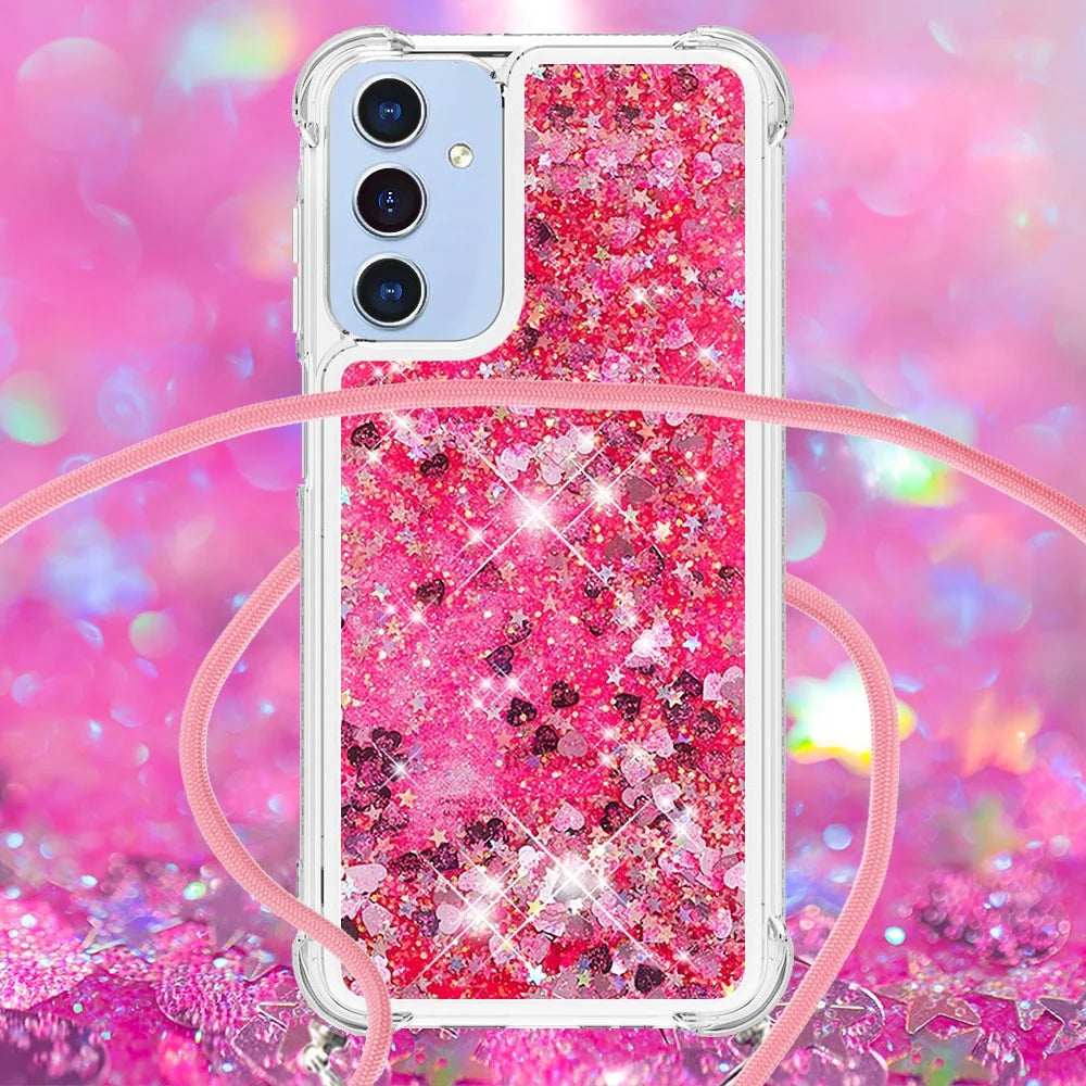 For Samsung Galaxy A15 5G TPU Case Quicksand Design Phone Cover with Lanyard - Pink  /  Hearts - 4