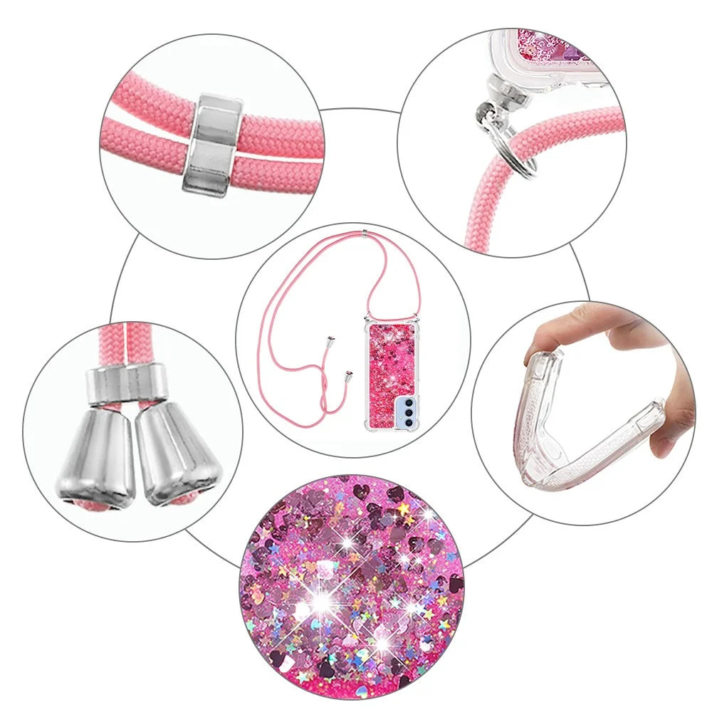 For Samsung Galaxy A15 5G TPU Case Quicksand Design Phone Cover with Lanyard - Pink  /  Hearts - 5