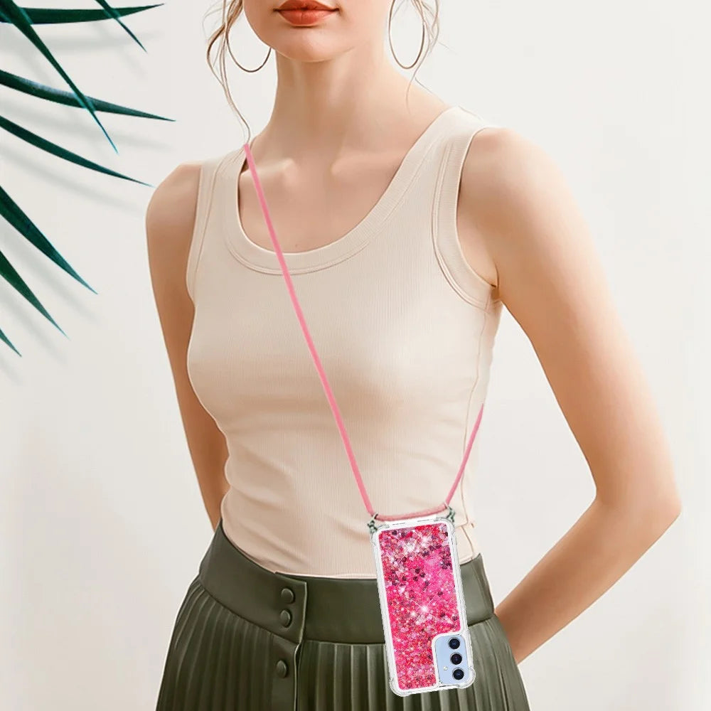 For Samsung Galaxy A15 5G TPU Case Quicksand Design Phone Cover with Lanyard - Pink  /  Hearts - 6