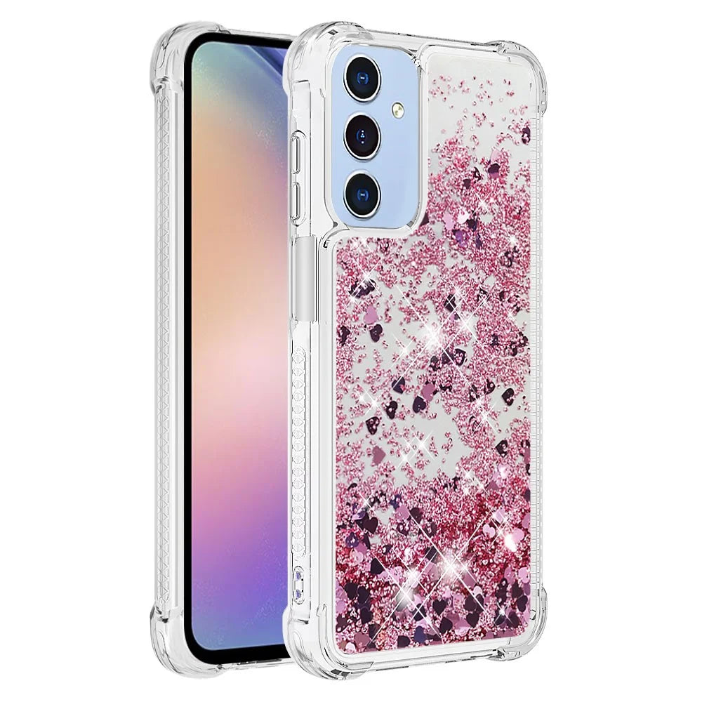 For Samsung Galaxy A15 5G TPU Case Glitter Quicksand Shockproof Phone Back Cover -  Rose Gold / Hearts - 1