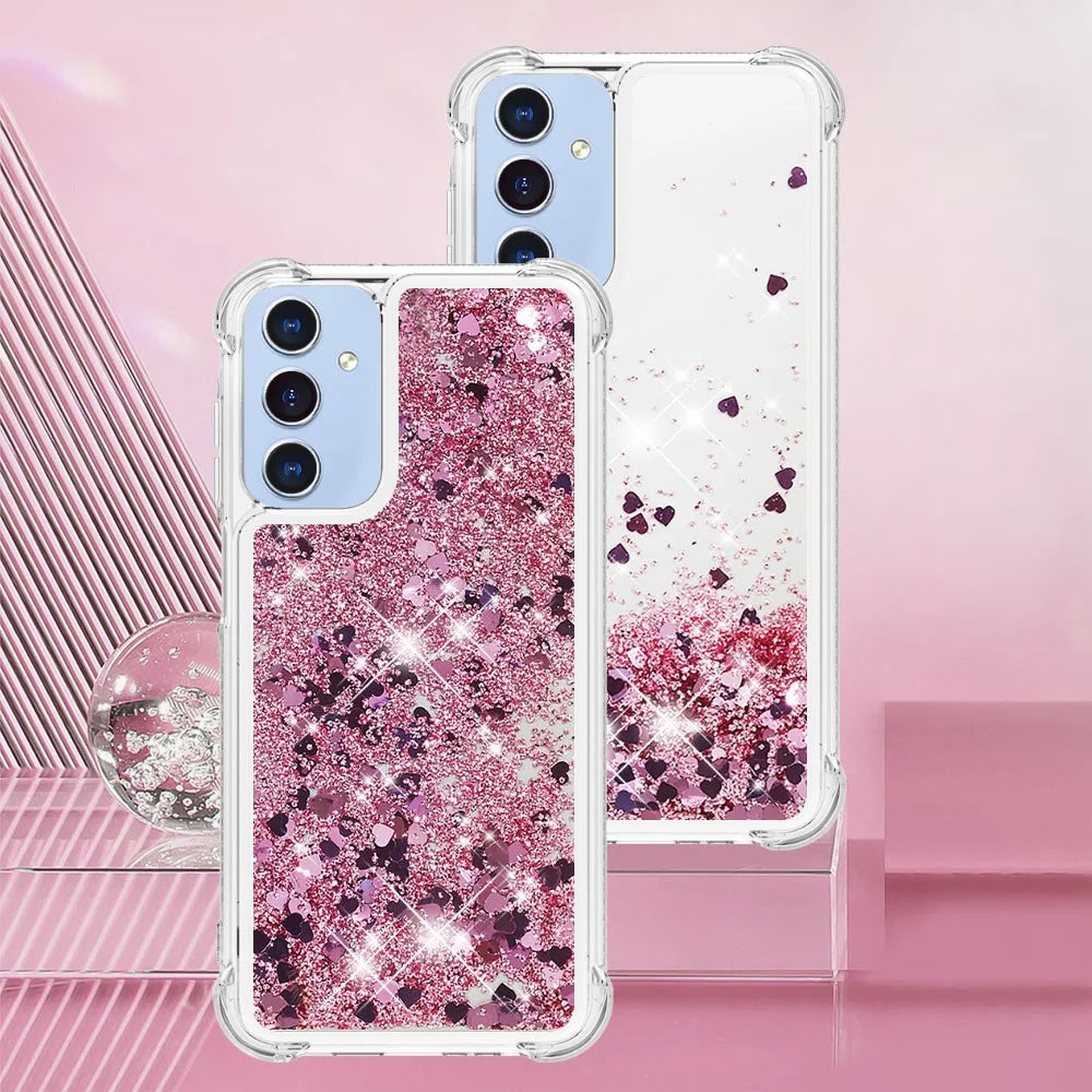 For Samsung Galaxy A15 5G TPU Case Glitter Quicksand Shockproof Phone Back Cover -  Rose Gold / Hearts - 7