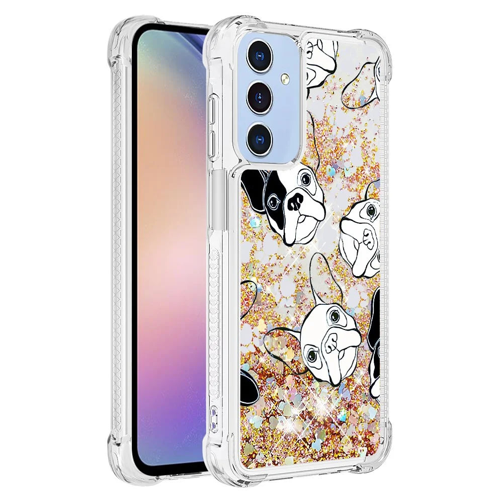For Samsung Galaxy A15 5G TPU Case with Quicksand and Pattern Printed - Black+White Puppy - 1