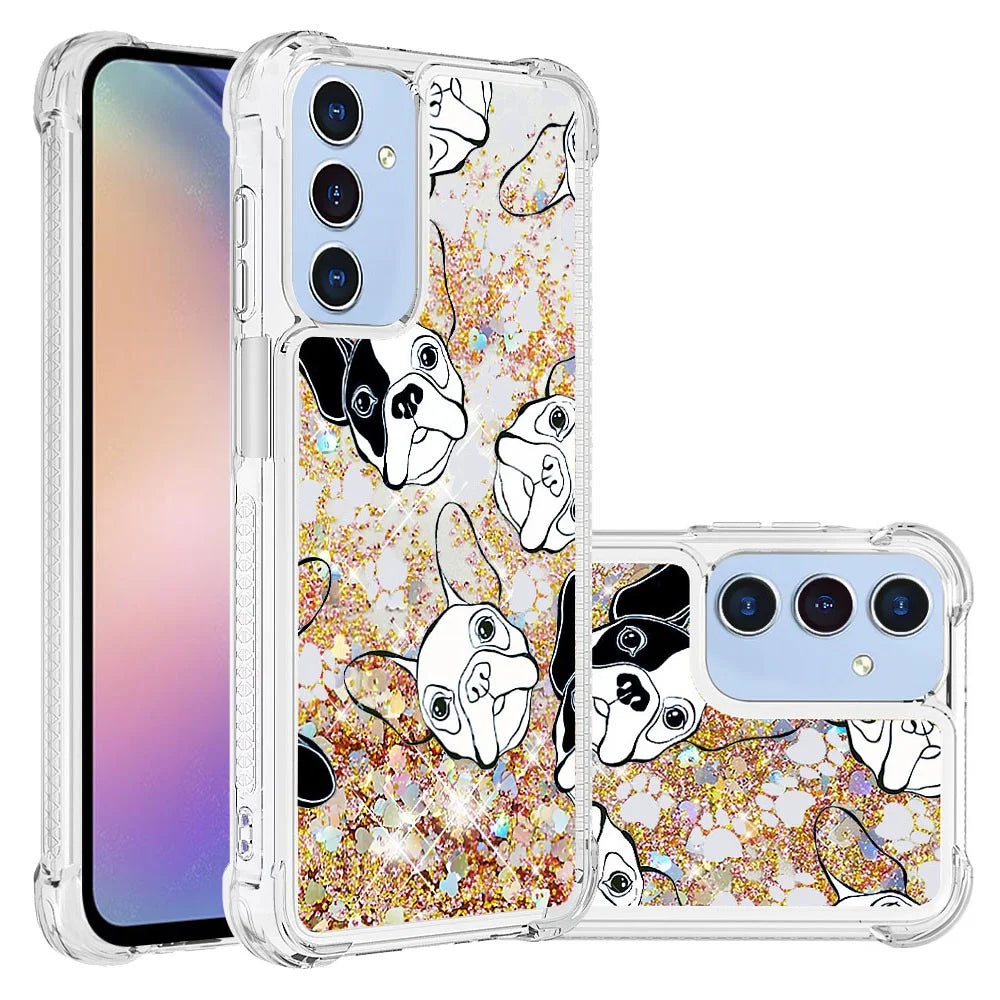 For Samsung Galaxy A15 5G TPU Case with Quicksand and Pattern Printed - Black+White Puppy - 2
