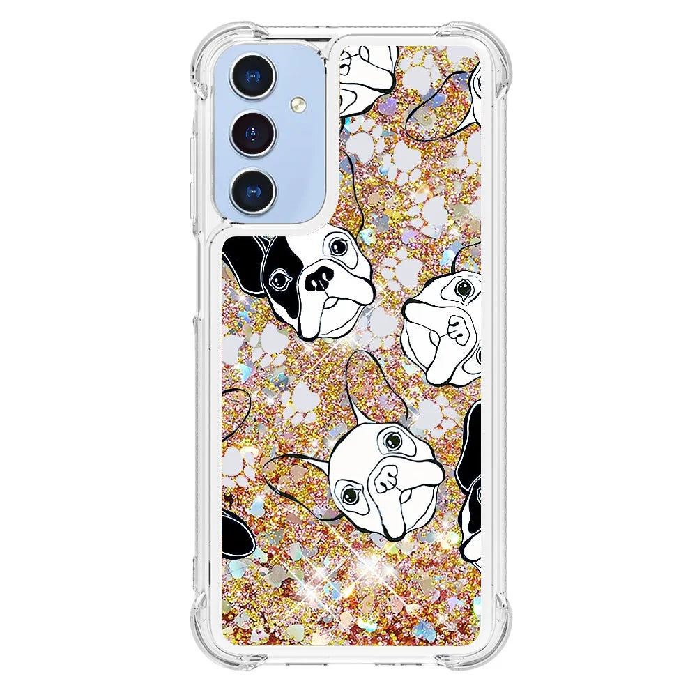 For Samsung Galaxy A15 5G TPU Case with Quicksand and Pattern Printed - Black+White Puppy - 3