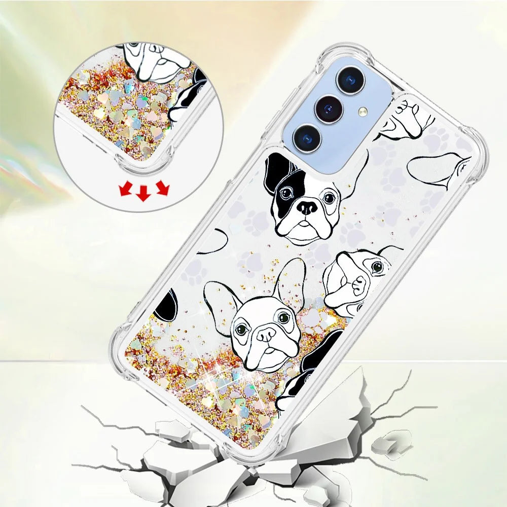 For Samsung Galaxy A15 5G TPU Case with Quicksand and Pattern Printed - Black+White Puppy - 4