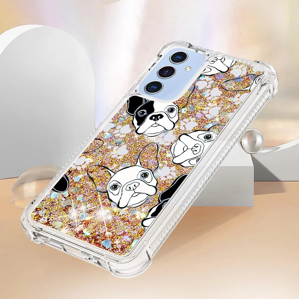 For Samsung Galaxy A15 5G TPU Case with Quicksand and Pattern Printed - Black+White Puppy - 5