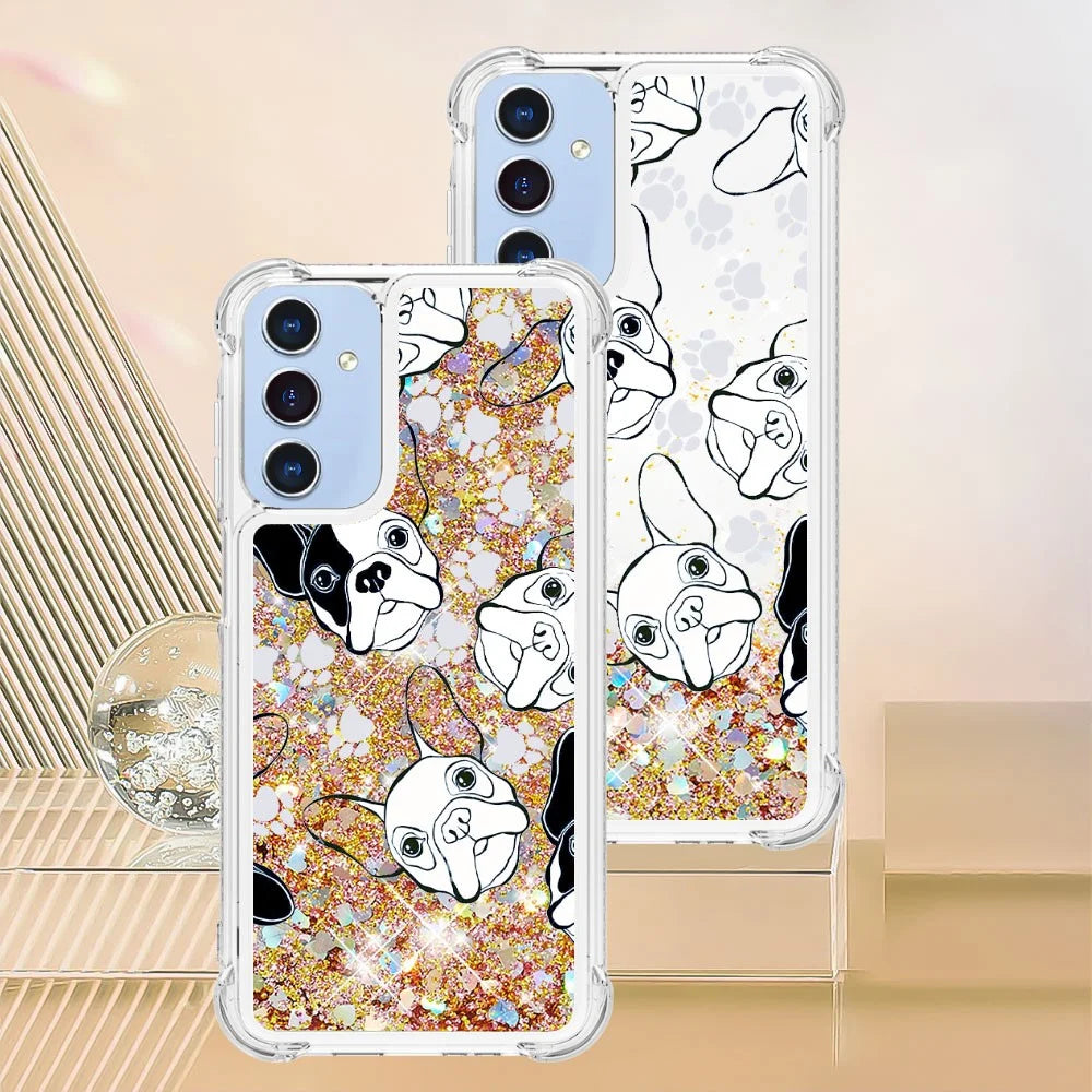 For Samsung Galaxy A15 5G TPU Case with Quicksand and Pattern Printed - Black+White Puppy - 7