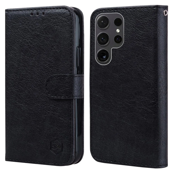 For Samsung Galaxy S24 Ultra Case Solid Color Leather Phone Stand Cover - Black - 1