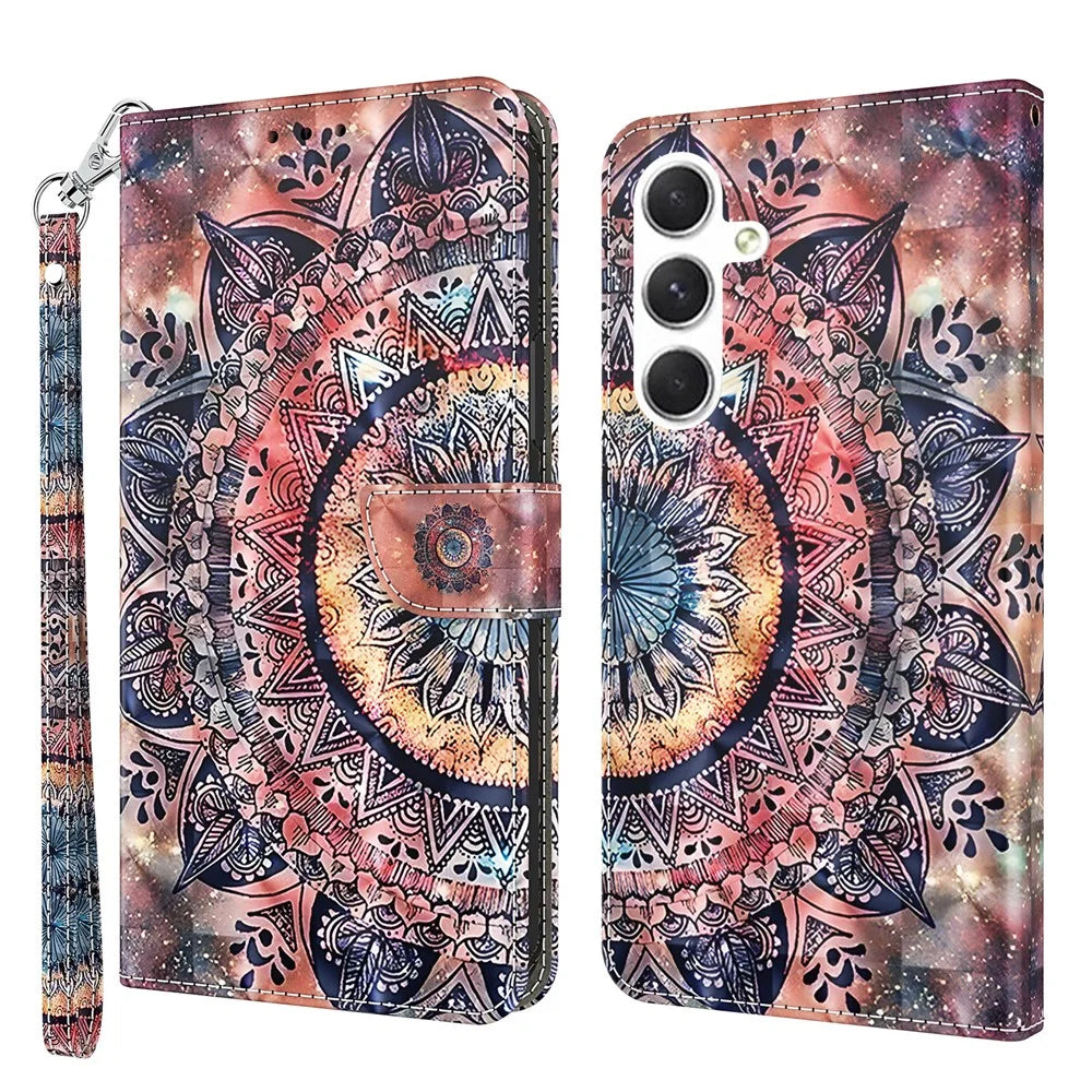 For Samsung Galaxy S24 Leather Case 3D Pattern Printing Phone Stand Cover - Color Mandala - 1