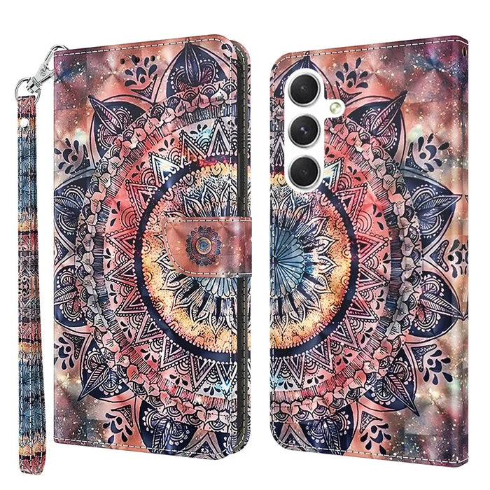 For Samsung Galaxy S24 Leather Case 3D Pattern Printing Phone Stand Cover - Color Mandala - 1