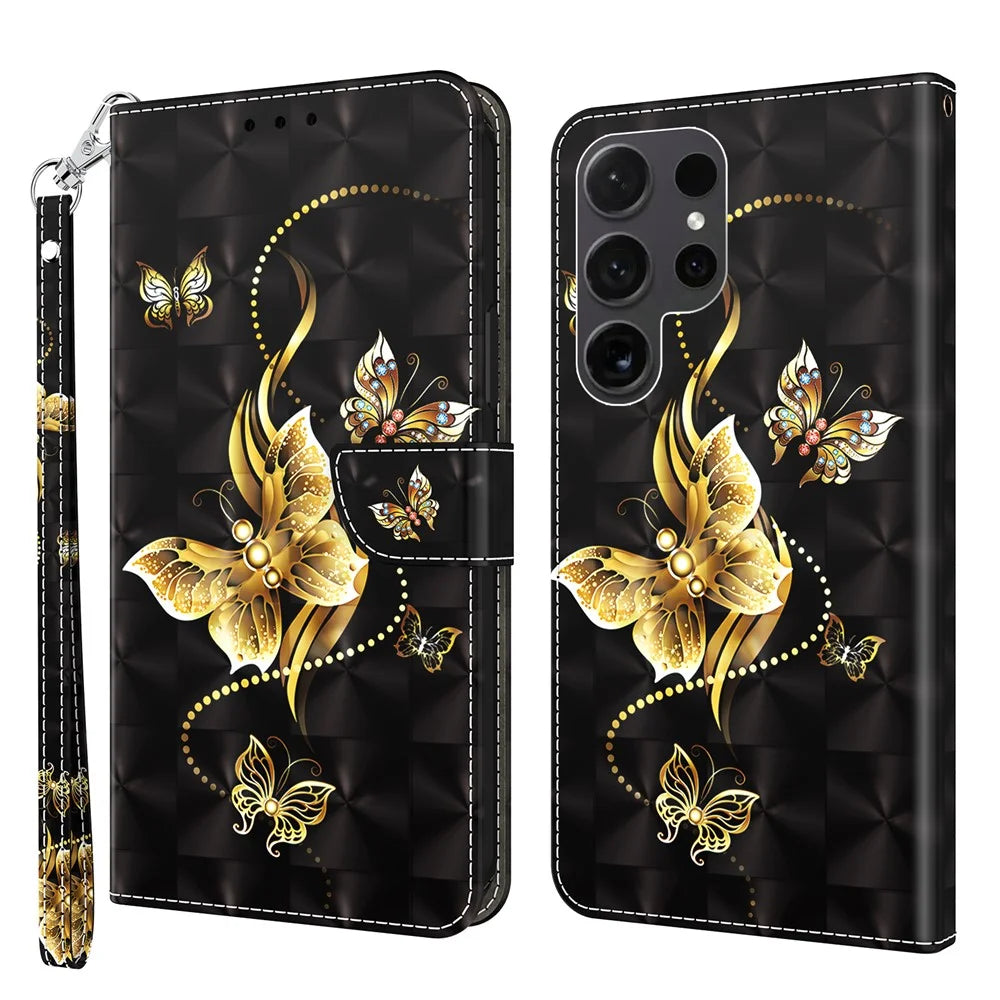For Samsung Galaxy S24 Ultra Case 3D Pattern Printing Leather Wallet Cover - Golden Butterfly - 1
