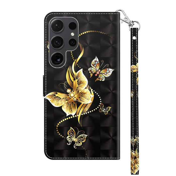 For Samsung Galaxy S24 Ultra Case 3D Pattern Printing Leather Wallet Cover - Golden Butterfly - 7