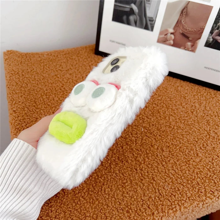For iPhone 15 Case Sausage-shaped Lip Cartoon Design Plush+TPU Phone Cover - White - 3