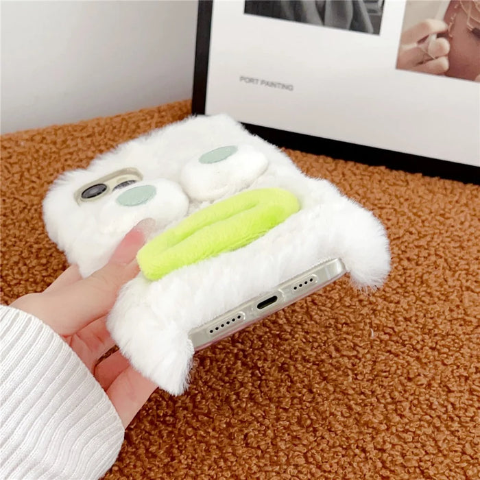 For iPhone 15 Case Sausage-shaped Lip Cartoon Design Plush+TPU Phone Cover - White - 4