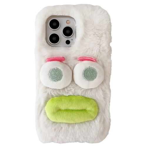 For iPhone 15 Pro Case Fun Cartoon Design Plush+TPU Phone Back Cover - White - 1