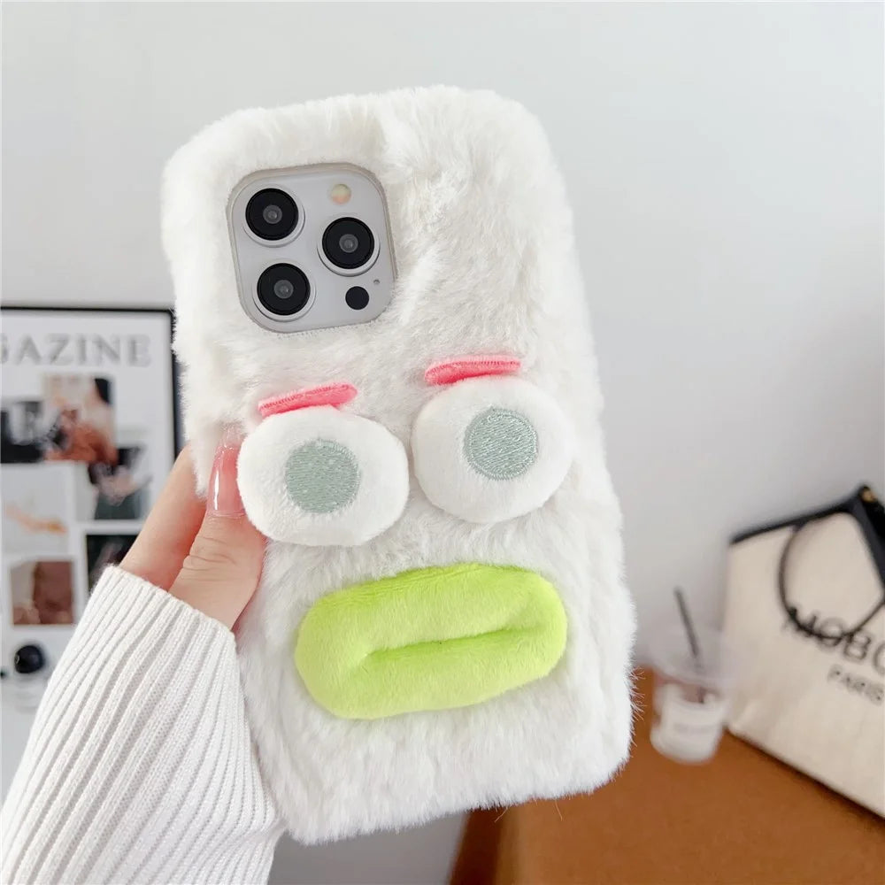 For iPhone 15 Pro Case Fun Cartoon Design Plush+TPU Phone Back Cover - White - 2