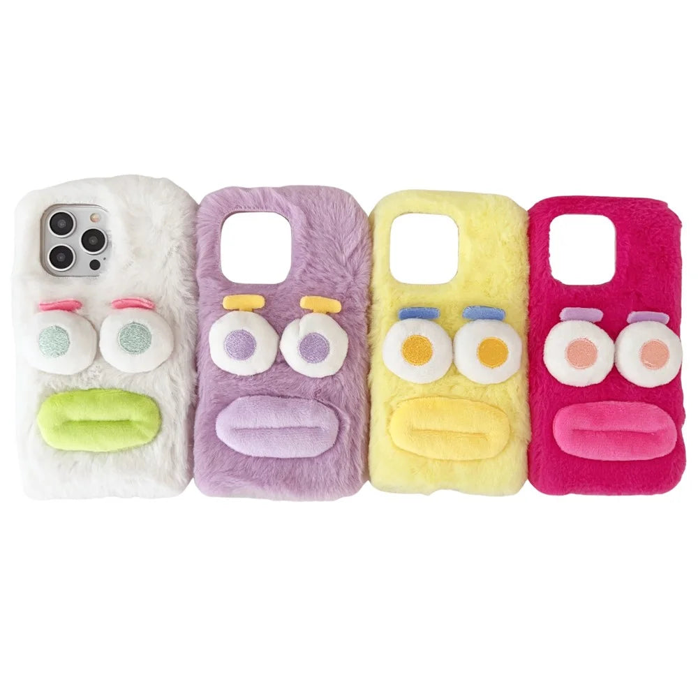 For iPhone 15 Pro Case Fun Cartoon Design Plush+TPU Phone Back Cover - White - 4