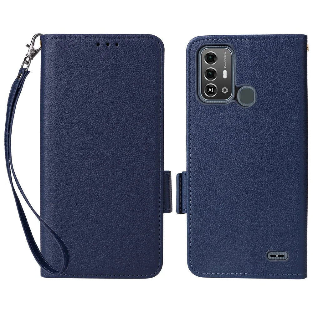 For ZTE Blade A53 Pro Case Shockproof Phone Cover Litchi Texture PU Leather Shell with Strap - Dark Blue - 1
