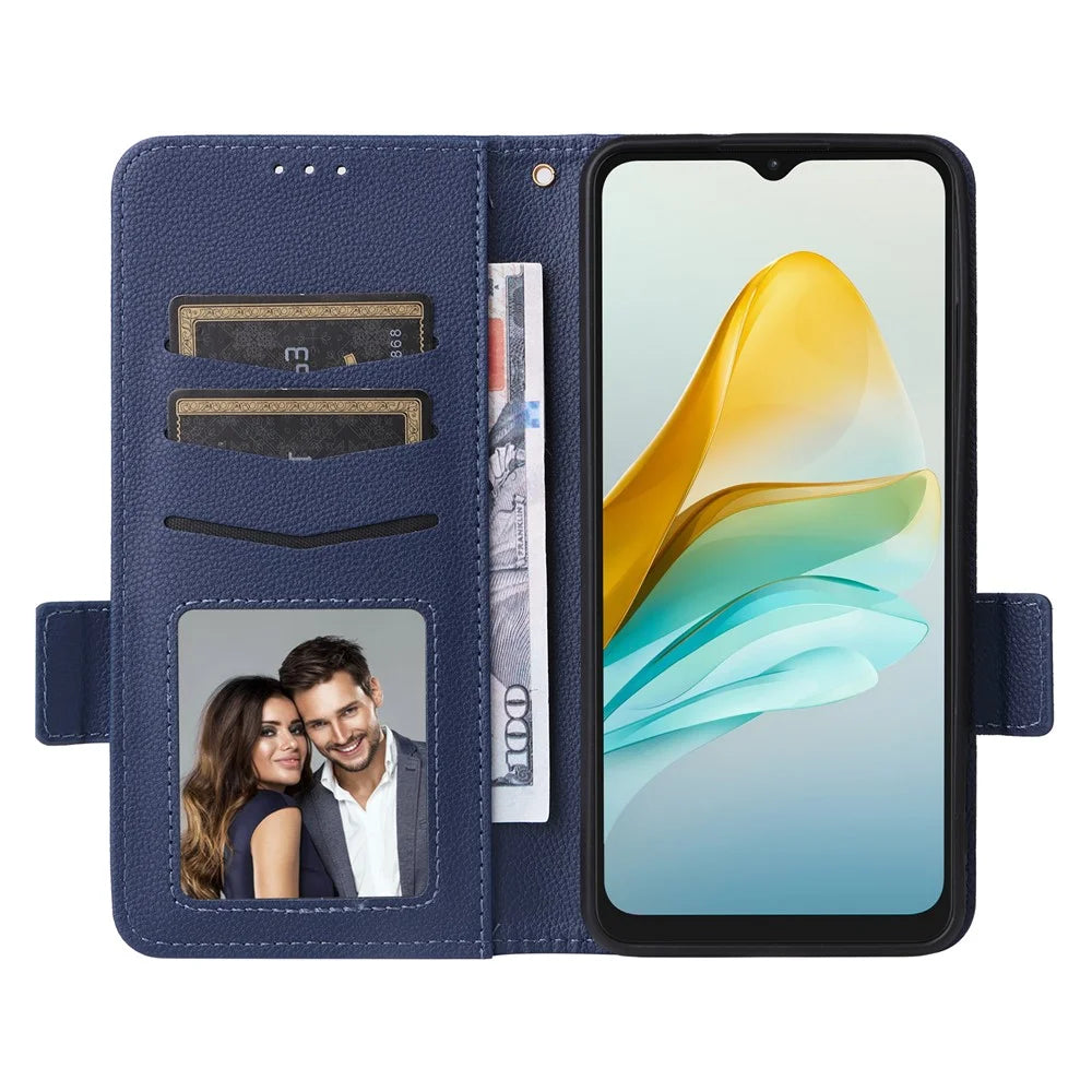 For ZTE Blade A53 Pro Case Shockproof Phone Cover Litchi Texture PU Leather Shell with Strap - Dark Blue - 2