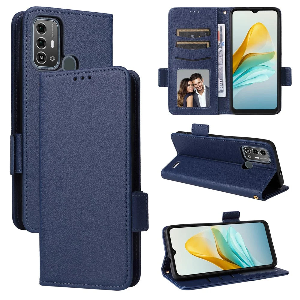 For ZTE Blade A53 Pro Case Shockproof Phone Cover Litchi Texture PU Leather Shell with Strap - Dark Blue - 7
