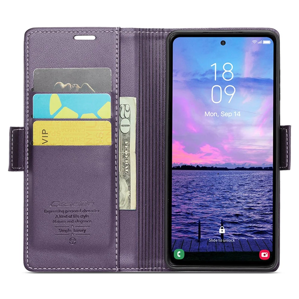 For Samsung Galaxy S23 FE Leather Case CASEME 023 RFID Blocking 3 Card Slot Mobile Cover - Purple - 2