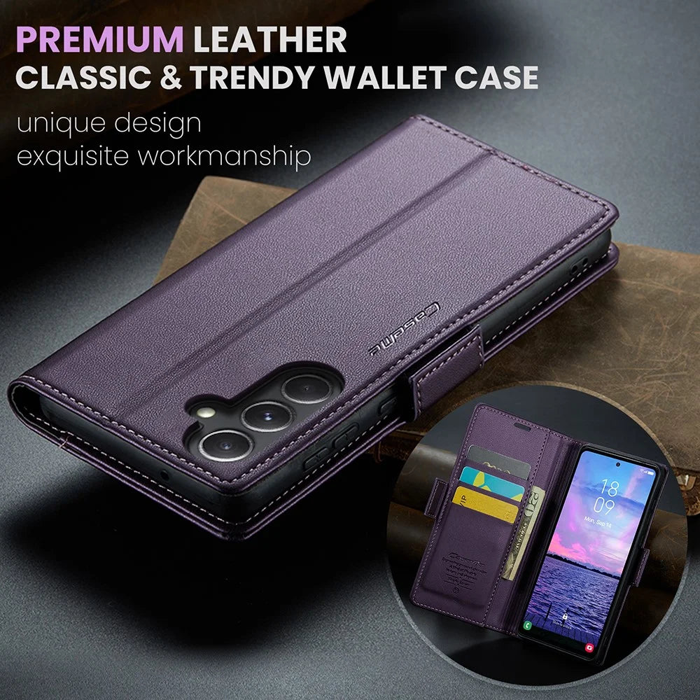 For Samsung Galaxy S23 FE Leather Case CASEME 023 RFID Blocking 3 Card Slot Mobile Cover - Purple - 7