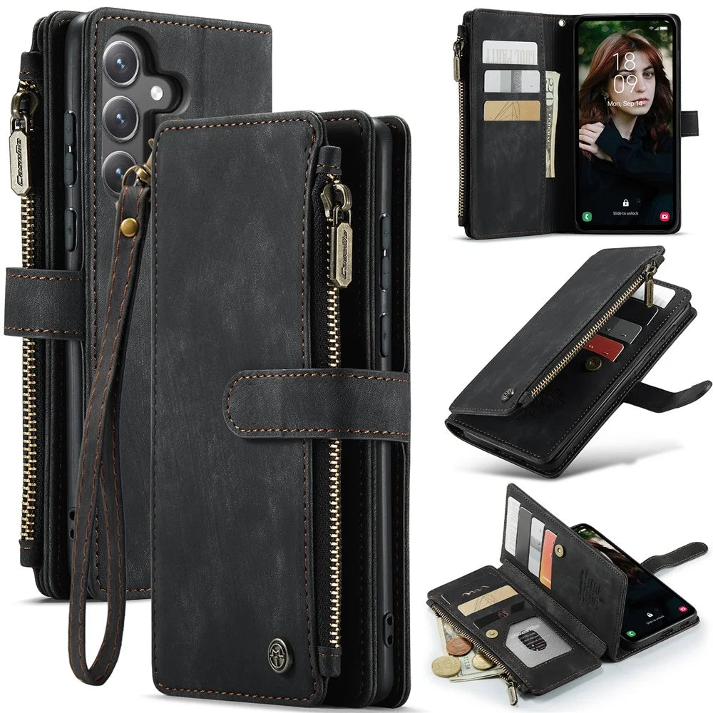 For Samsung Galaxy S23 FE Phone Cases with Strap CASEME C30 Zipper Multiple Card Holder PU Leather Cover - Black - 1