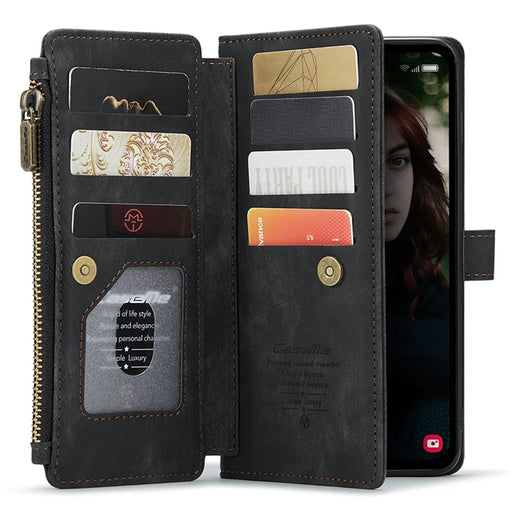 For Samsung Galaxy S23 FE Phone Cases with Strap CASEME C30 Zipper Multiple Card Holder PU Leather Cover - Black - 2