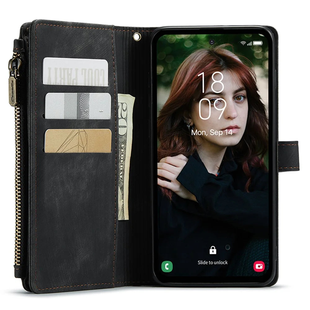 For Samsung Galaxy S23 FE Phone Cases with Strap CASEME C30 Zipper Multiple Card Holder PU Leather Cover - Black - 3