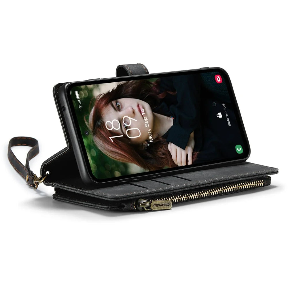 For Samsung Galaxy S23 FE Phone Cases with Strap CASEME C30 Zipper Multiple Card Holder PU Leather Cover - Black - 4