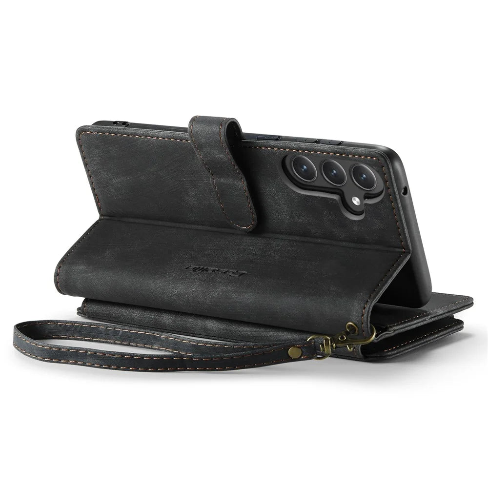 For Samsung Galaxy S23 FE Phone Cases with Strap CASEME C30 Zipper Multiple Card Holder PU Leather Cover - Black - 5