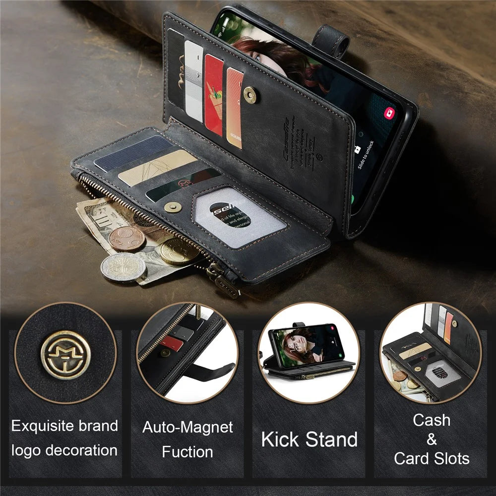 For Samsung Galaxy S23 FE Phone Cases with Strap CASEME C30 Zipper Multiple Card Holder PU Leather Cover - Black - 6