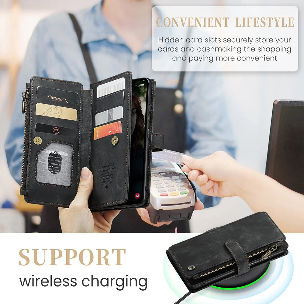 For Samsung Galaxy S23 FE Phone Cases with Strap CASEME C30 Zipper Multiple Card Holder PU Leather Cover - Black - 7