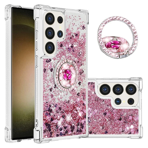 For Samsung Galaxy S24 Ultra TPU Case with Kickstand Quicksand Shockproof Cover - Rose Gold / Hearts - 1